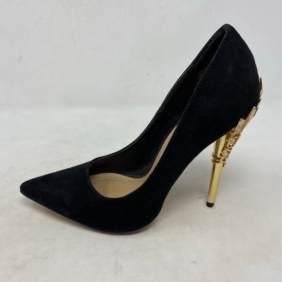 ShoeDazzle Esperanza Black Suede Heels with Gold Stiletto Detail Size 7 - Picture 2 of 8